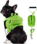 OUOBOB dog harness backpack front view showing the green frog mesh design