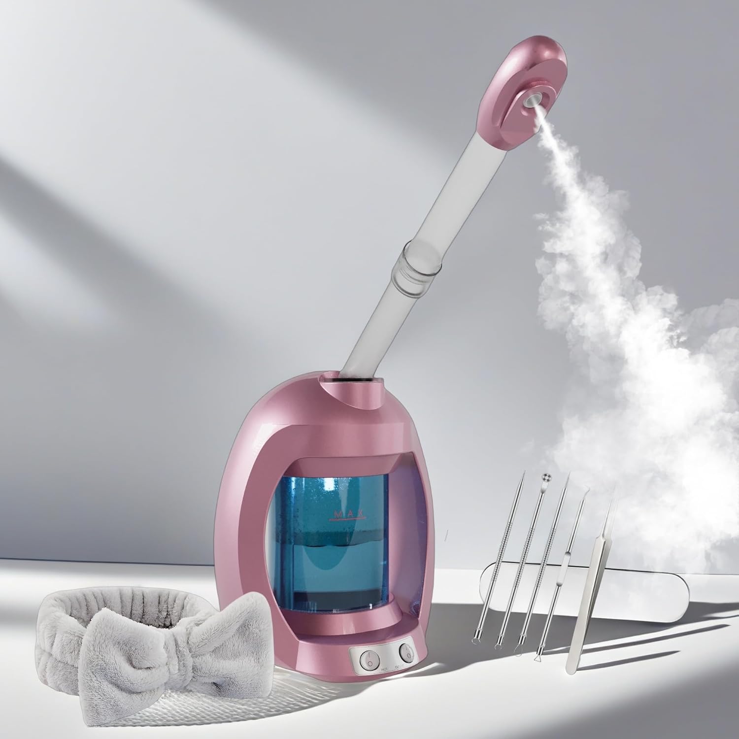 Asiakarn Nano Ionic Facial Steamer in pink front view with included five piece skin extraction tools and plush headband