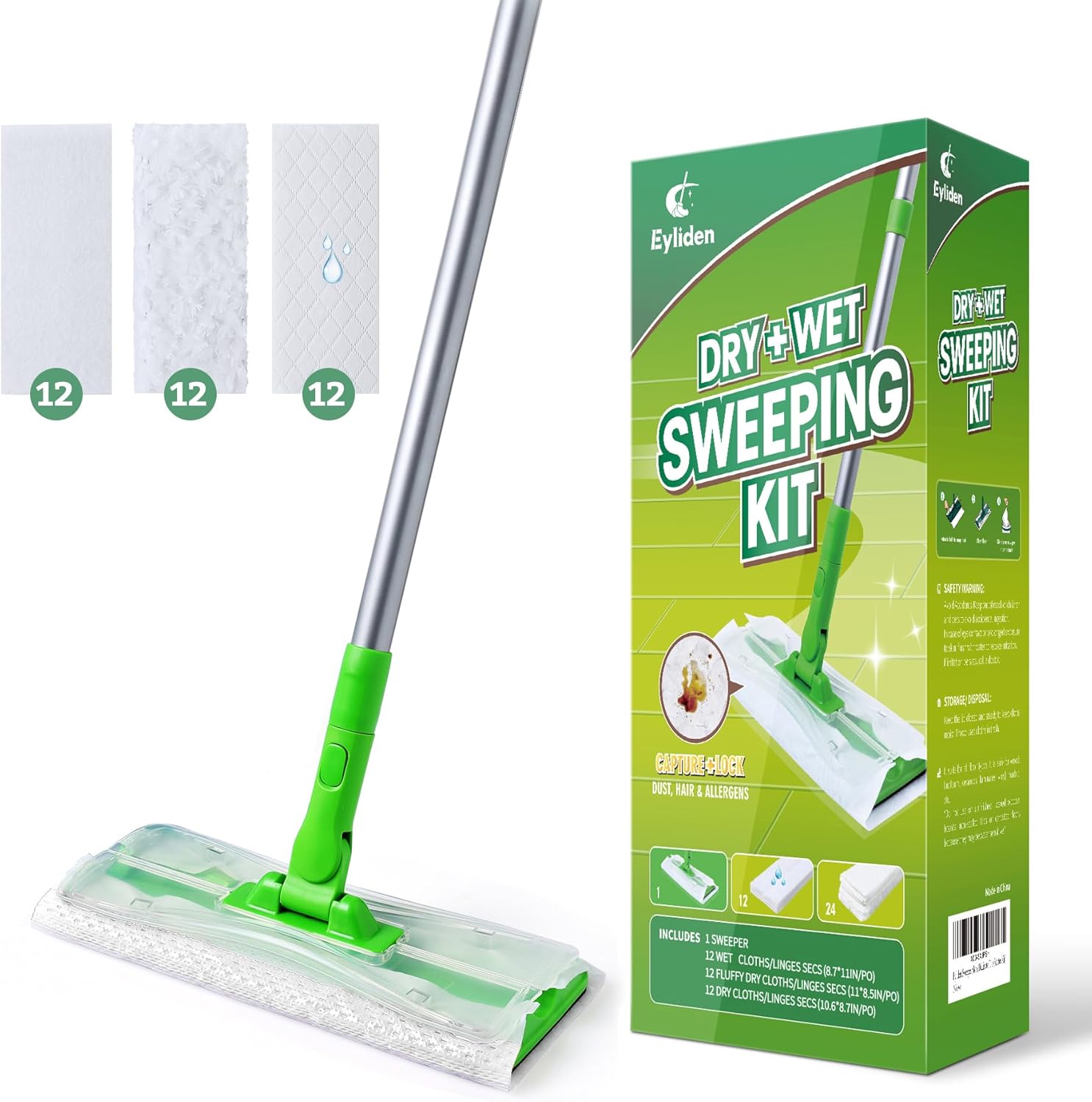 Eyliden Sweeper Mop Starter Kit front view showing green mop head and long handle
