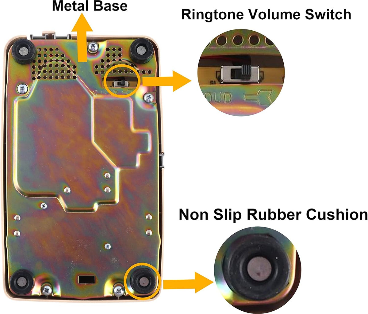 Side profile showing the coiled handset cord and heavy-duty metal base