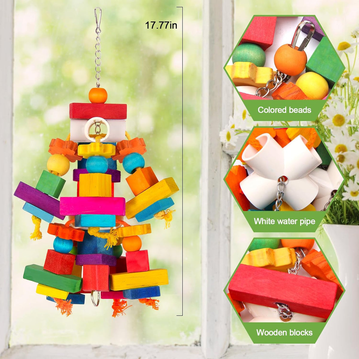 Kyouki bird chew toy featuring natural pine wood blocks and colorful beads for macaws.