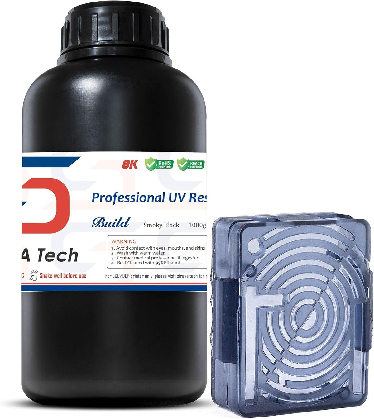 Siraya Tech Build 3D printer resin bottle front view 1kg smoky black packaging