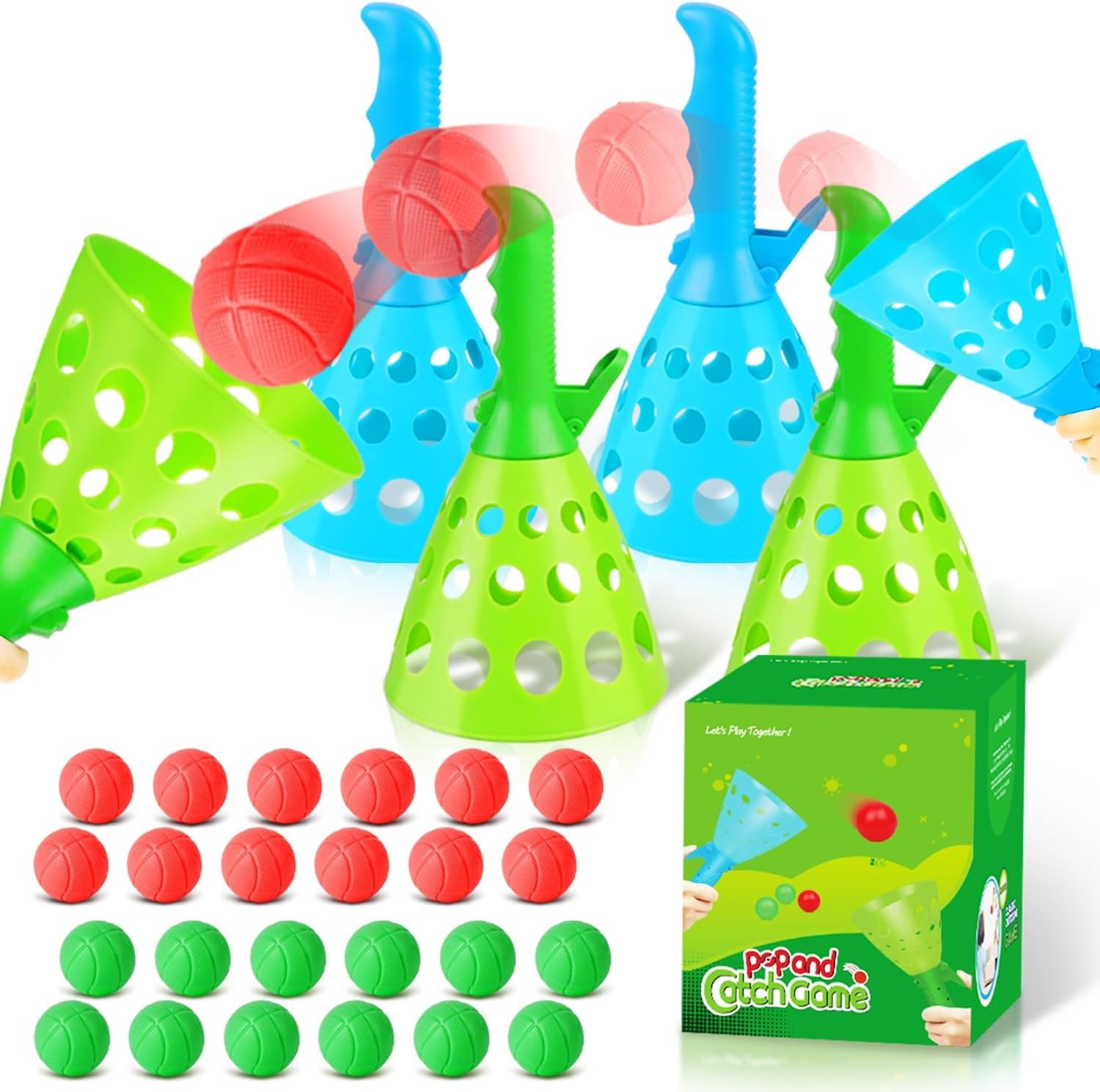 Duckura pop pass catch ball game packaging front view highlighting four launcher baskets and colorful play balls.