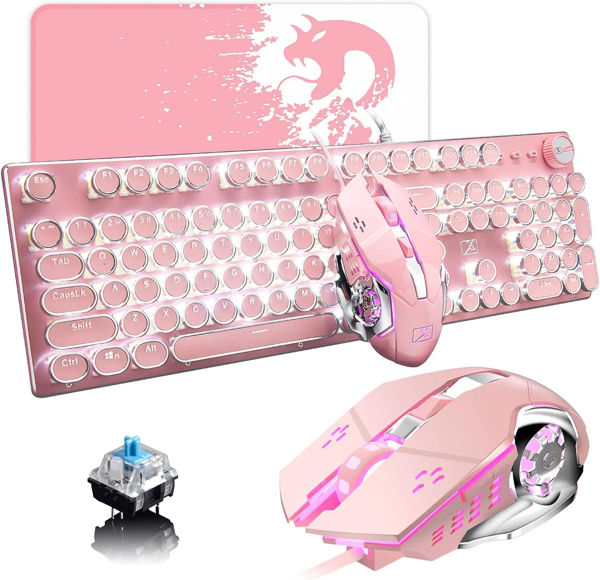 LexonElec Typewriter Style Retro Mechanical Gaming Keyboard, Vintage Steampunk with White LED Backlit, Wired 104-Key Blue Switch Cute Keyboard, Round Keycaps Knob Control for PC/Laptop/Mac (Blue) - Image 9