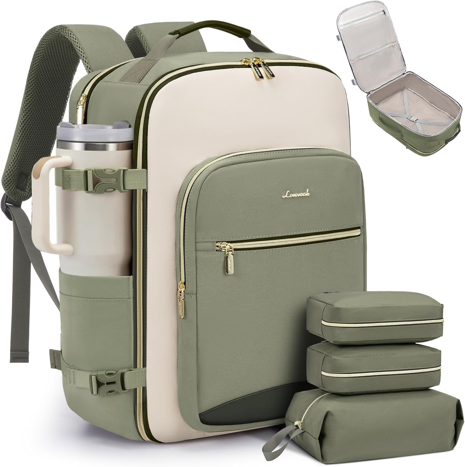 LOVEVOOK 40L travel backpack front view in olive green and beige with gold zippers