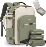 LOVEVOOK 40L travel backpack front view in olive green and beige with gold zippers