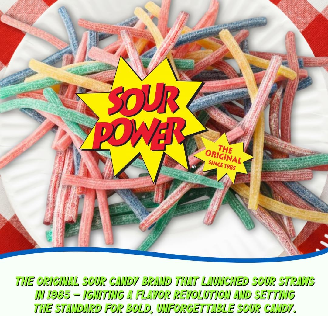 Close up view of the tangy sugar coating on Sour Power candy straws.