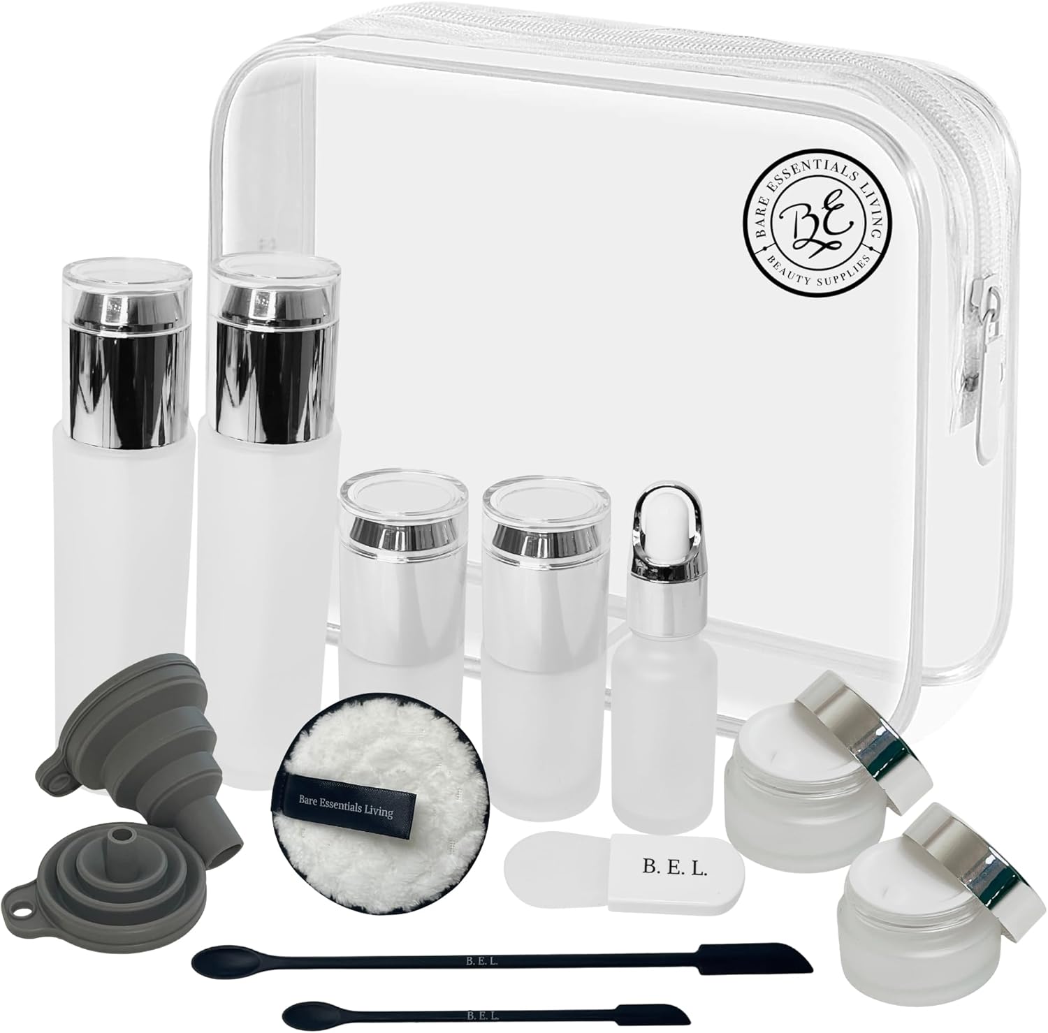 Bare Essentials Living 14 Piece Glass Travel Skincare Containers Set showing full contents arranged neatly outside the bag