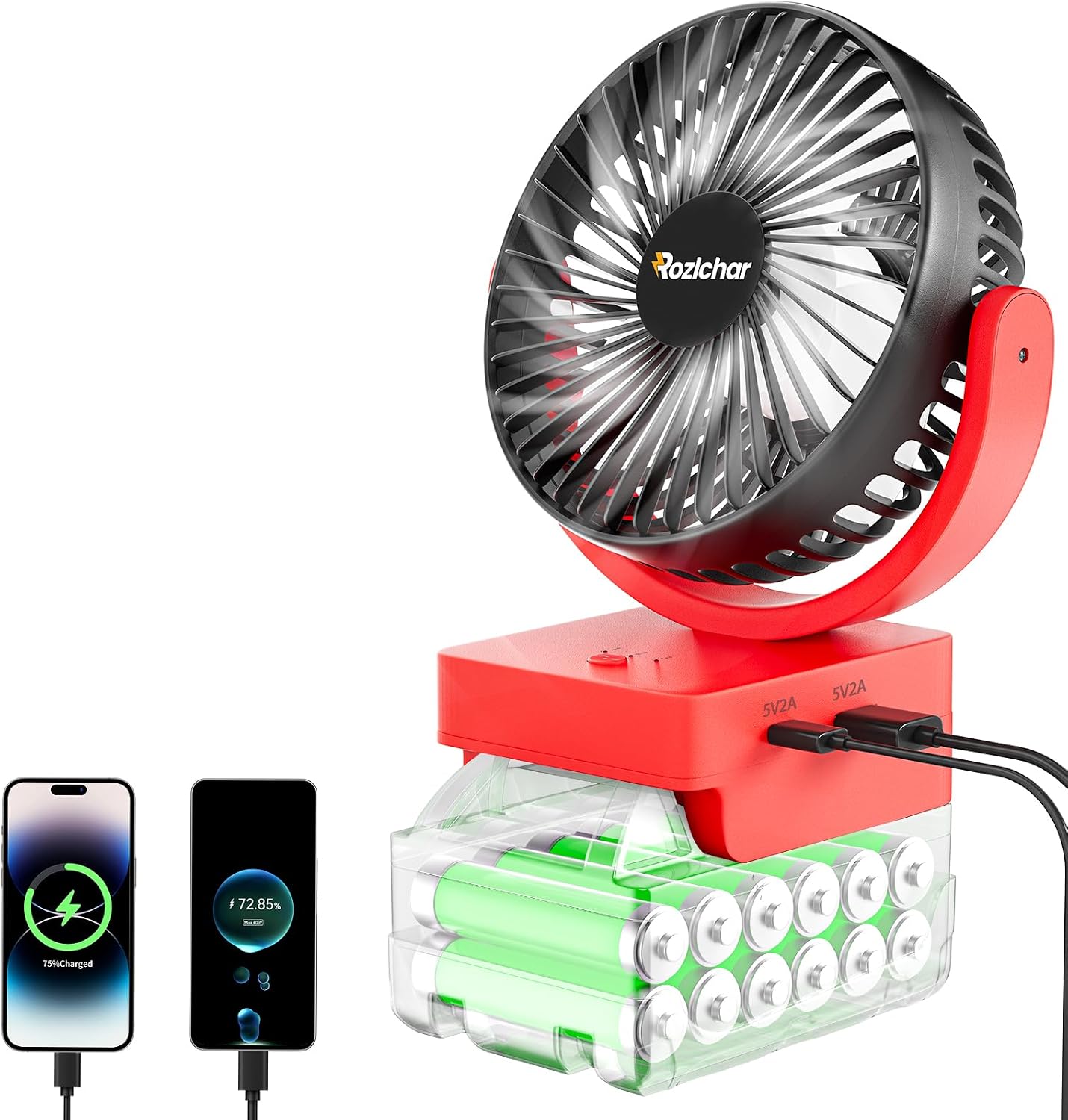 Rozlchar portable cordless fan front view showing control buttons