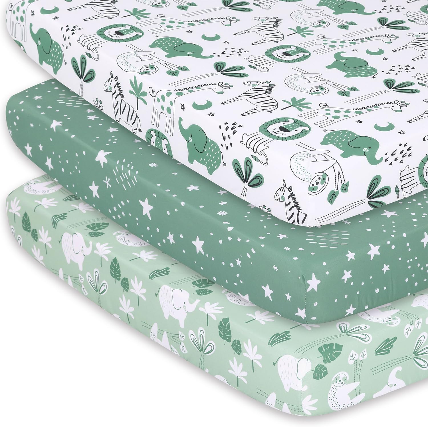 The Peanutshell 3-Pack Fitted Playard Sheets in Green Safari front view