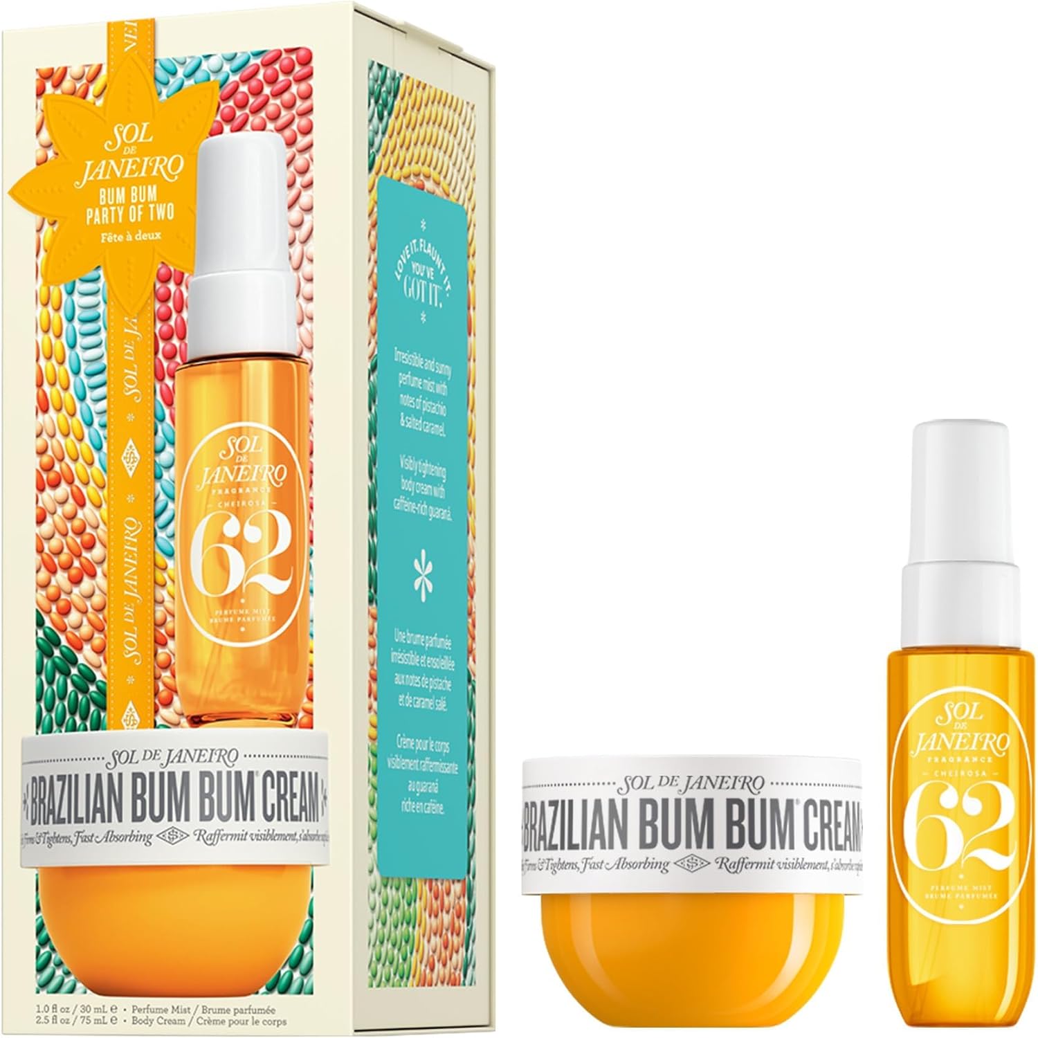 Sol de Janeiro Bum Bum Party of Two beauty gift set front view showing travel sizes packaging