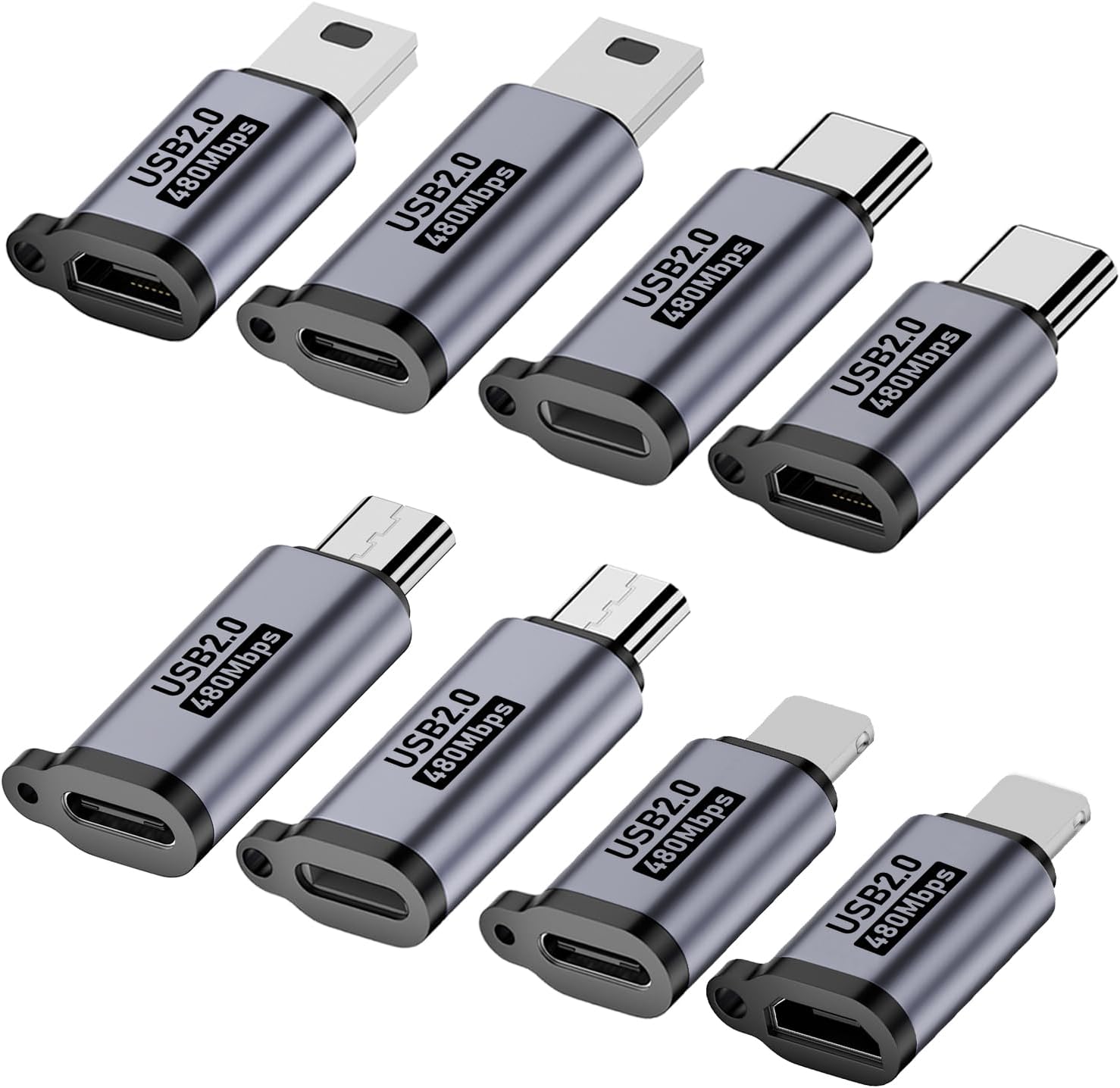 Jadebones USB Type C and Lightning adapter pack front view showing eight individual aluminum converters.