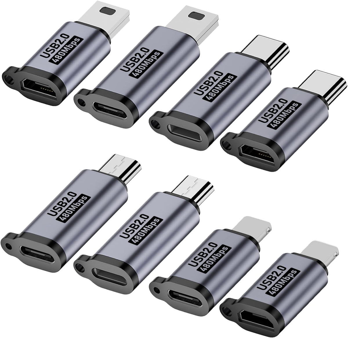 Jadebones USB Type C and Lightning adapter pack front view showing eight individual aluminum converters.