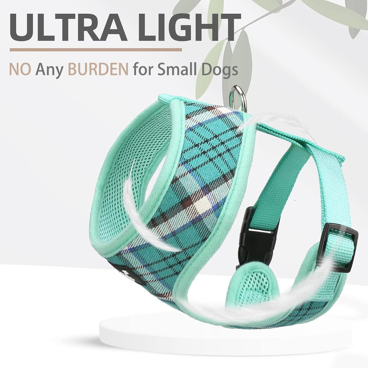 PUPTECK small dog harness plaid pattern and mint green trim