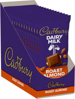 Back packaging of CADBURY Roast Almond 3.5 Ounce candy bar displaying nutritional facts and Kosher certification details.