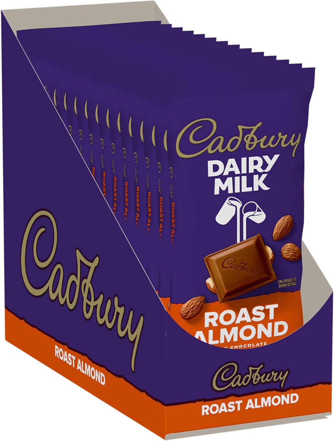 Back packaging of CADBURY Roast Almond 3.5 Ounce candy bar displaying nutritional facts and Kosher certification details.