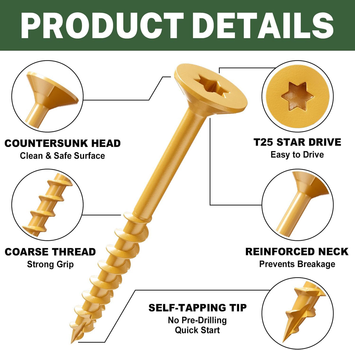 Tan epoxy coated exterior wood screws closeup