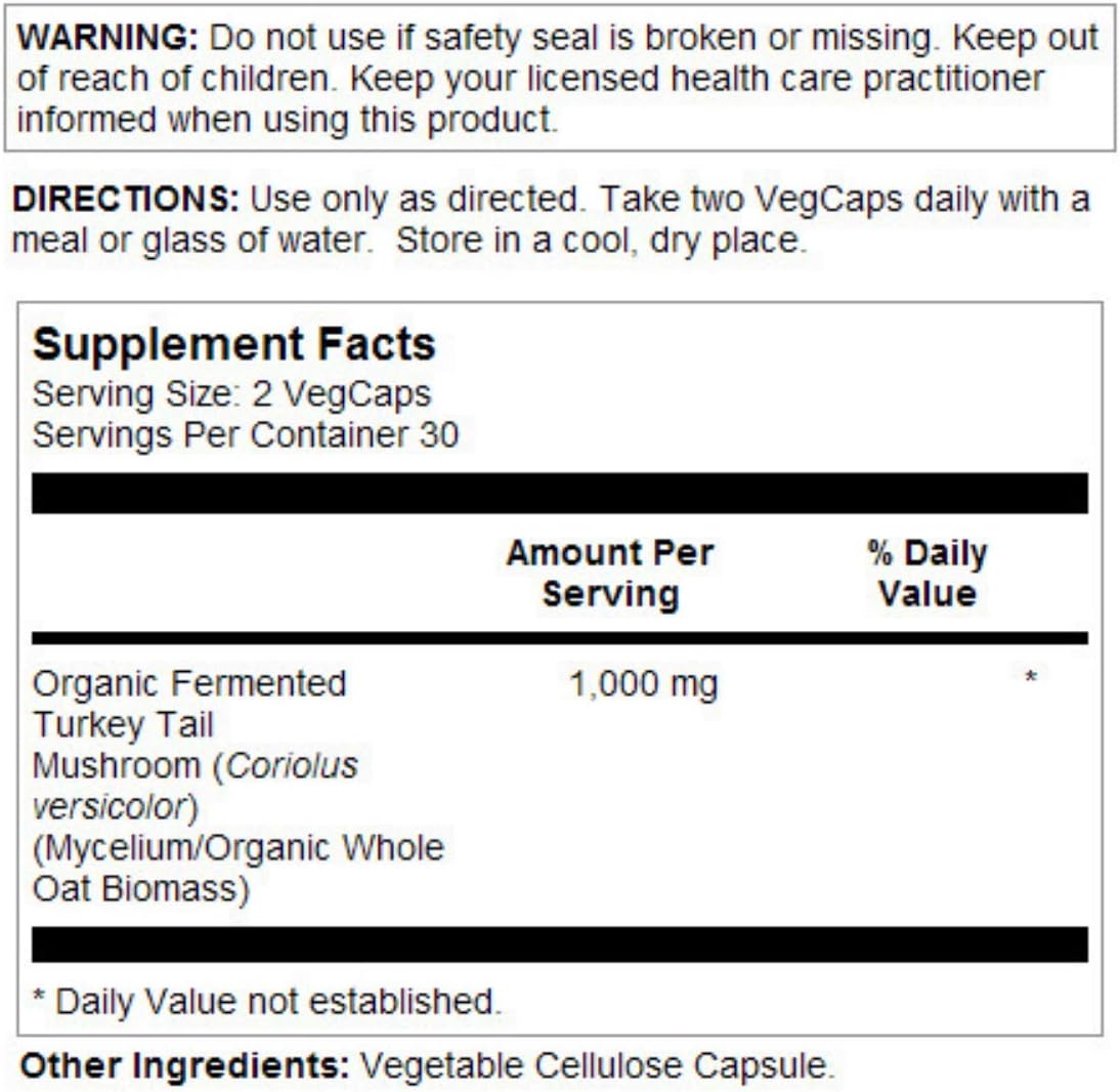 Solaray Fermented Turkey Tail Mushroom side view showing vegan certification details