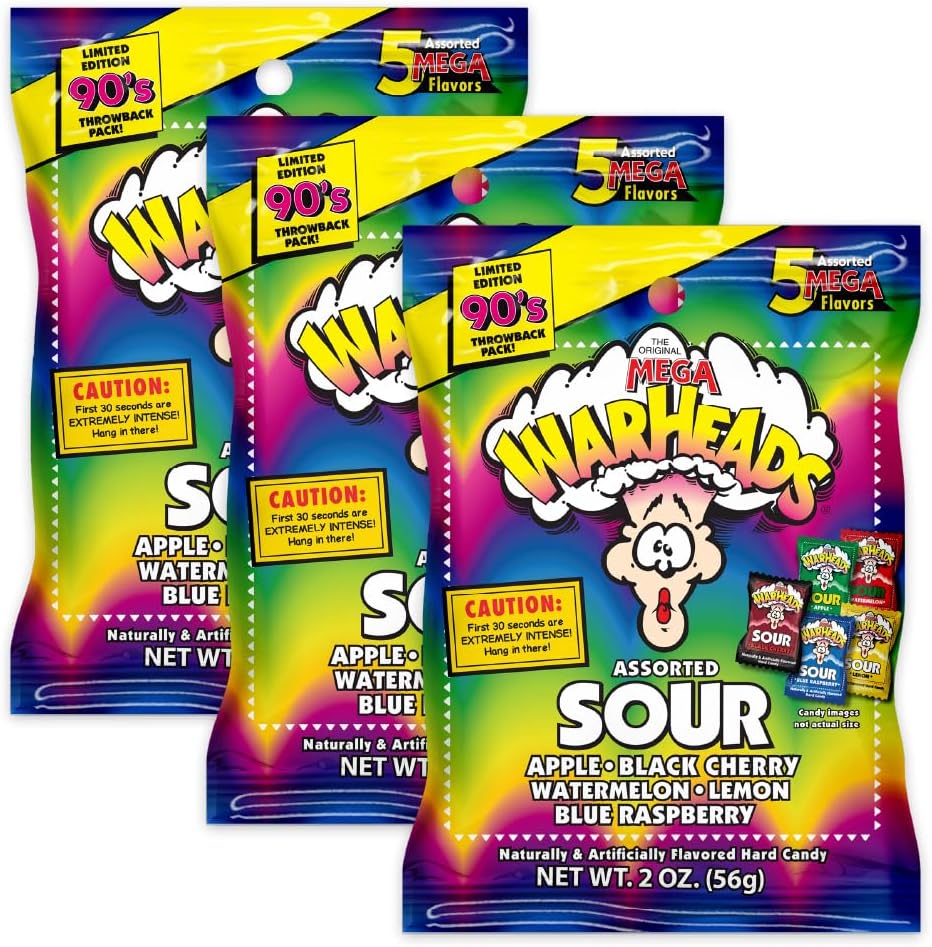 Warheads Extreme Sour Hard Candy 3-pack front view showcasing imported American packaging.