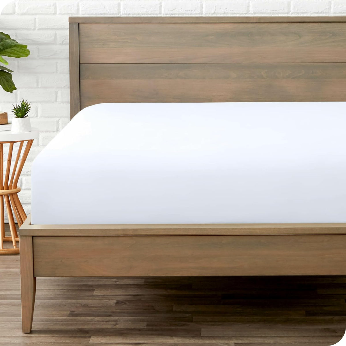 Bare Home fitted bottom sheet queen size in white folded view