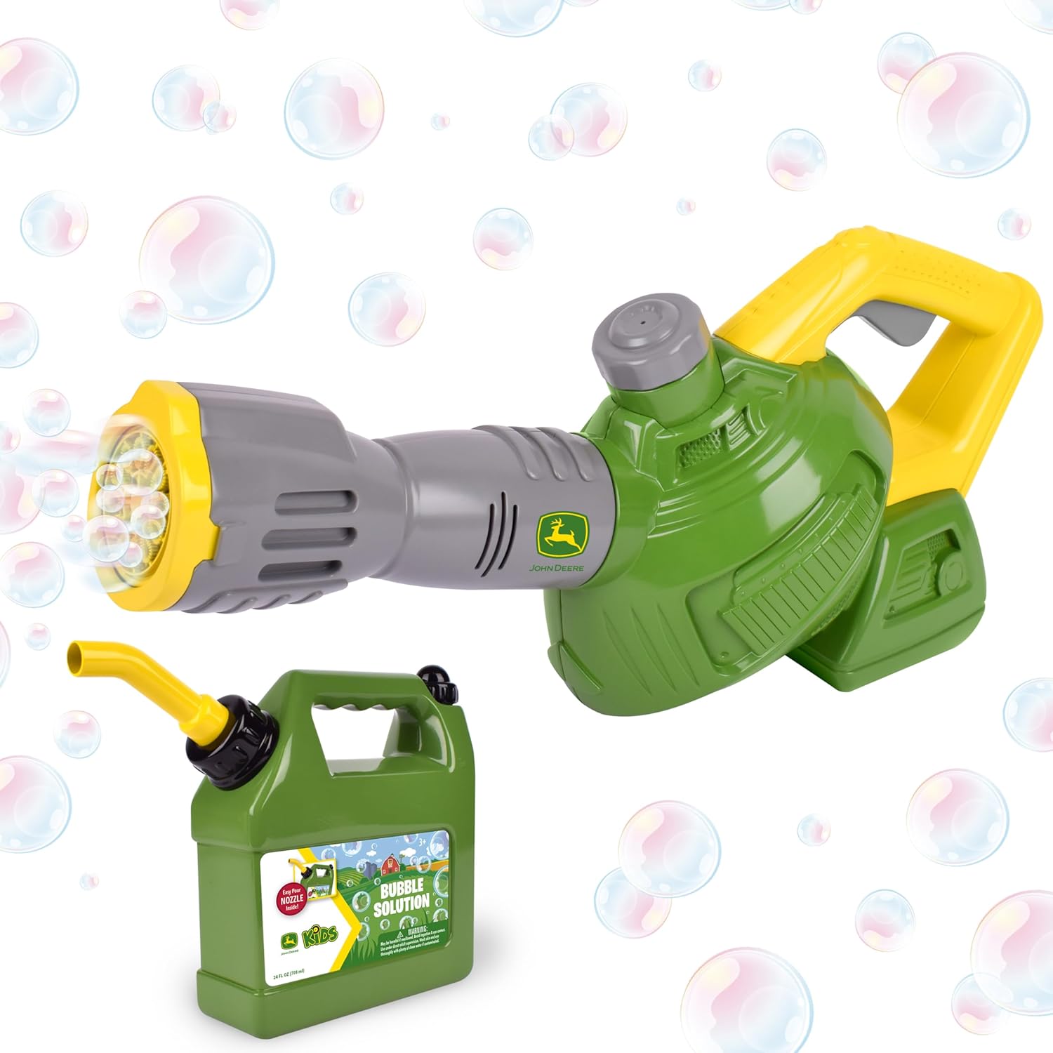 John Deere bubble leaf blower toy with yellow and green design