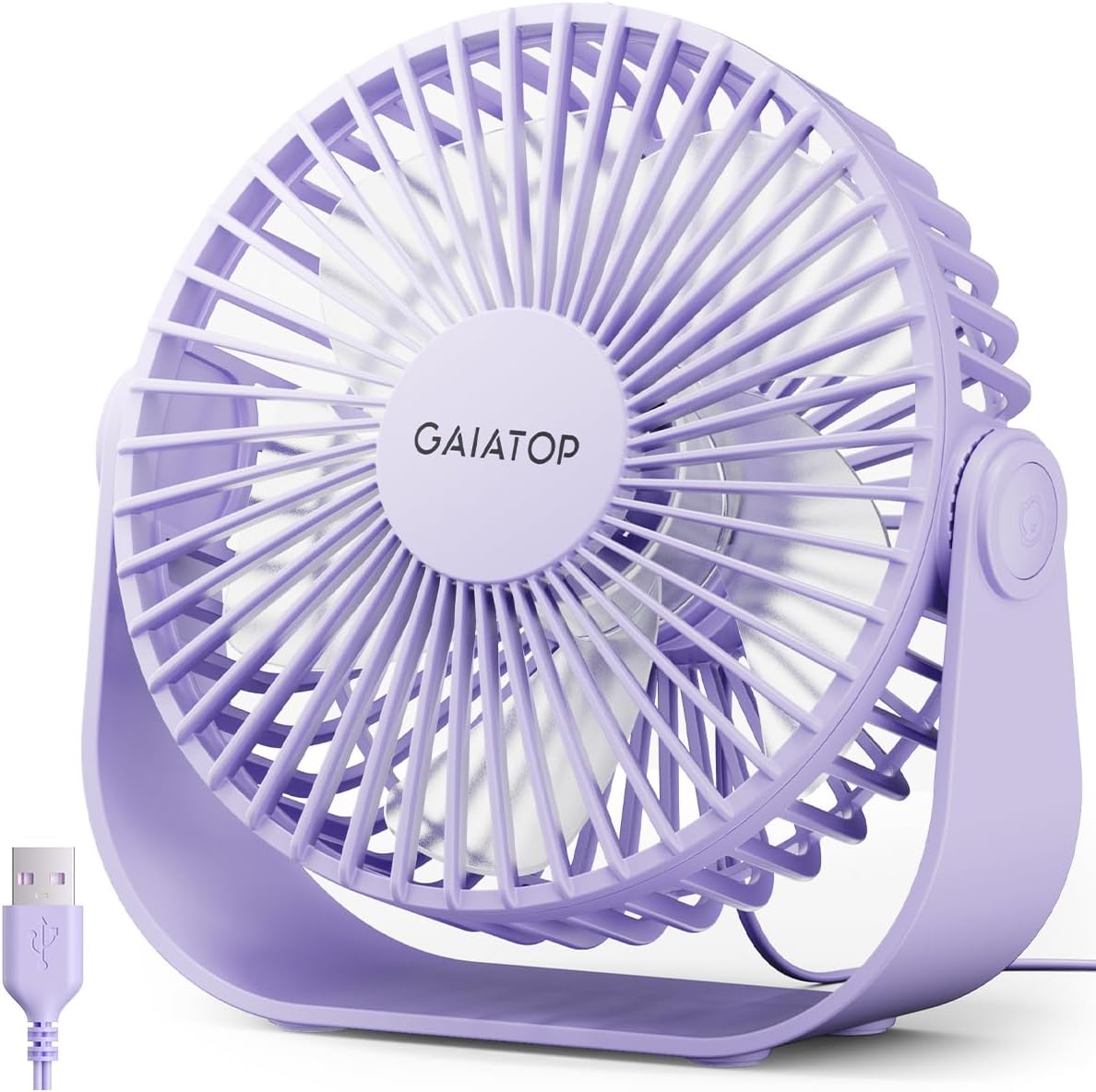 Gaiatop USB desk fan purple front view showing compact five point five inch personal table cooling design