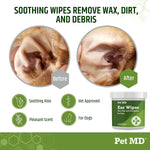 Pet MD ear wipes container showing aloe vera and eucalyptus benefits