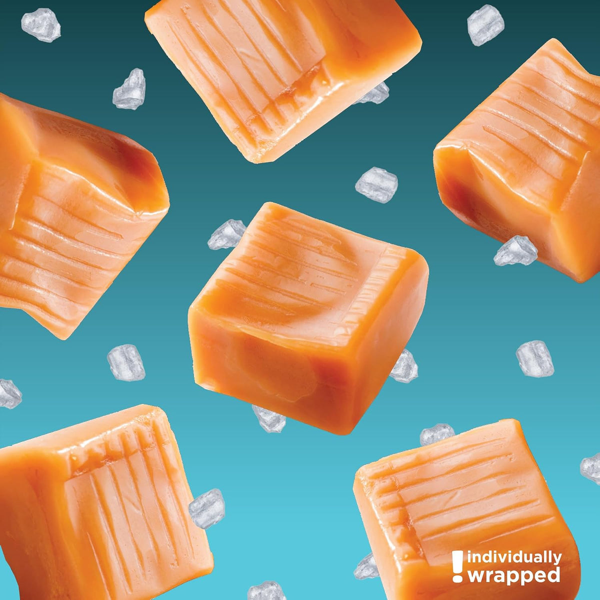 A pile of individually wrapped classic caramel squares from CRAZYOUTLET for dessert display.