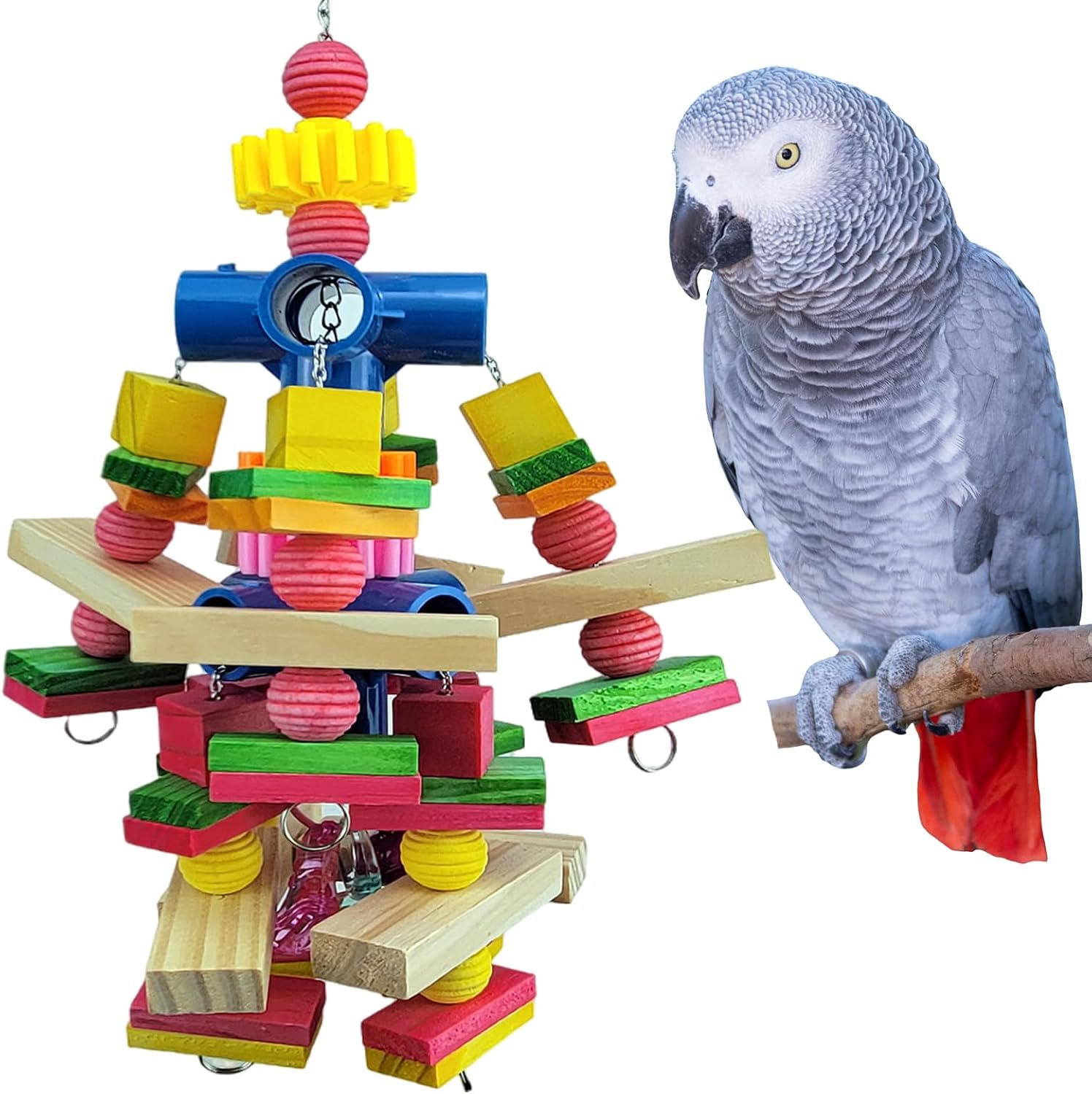 Cokliomc Wooden Block Parrot Toy front view hanging inside a clean metal bird cage.
