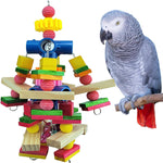 Cokliomc Wooden Block Parrot Toy front view hanging inside a clean metal bird cage.