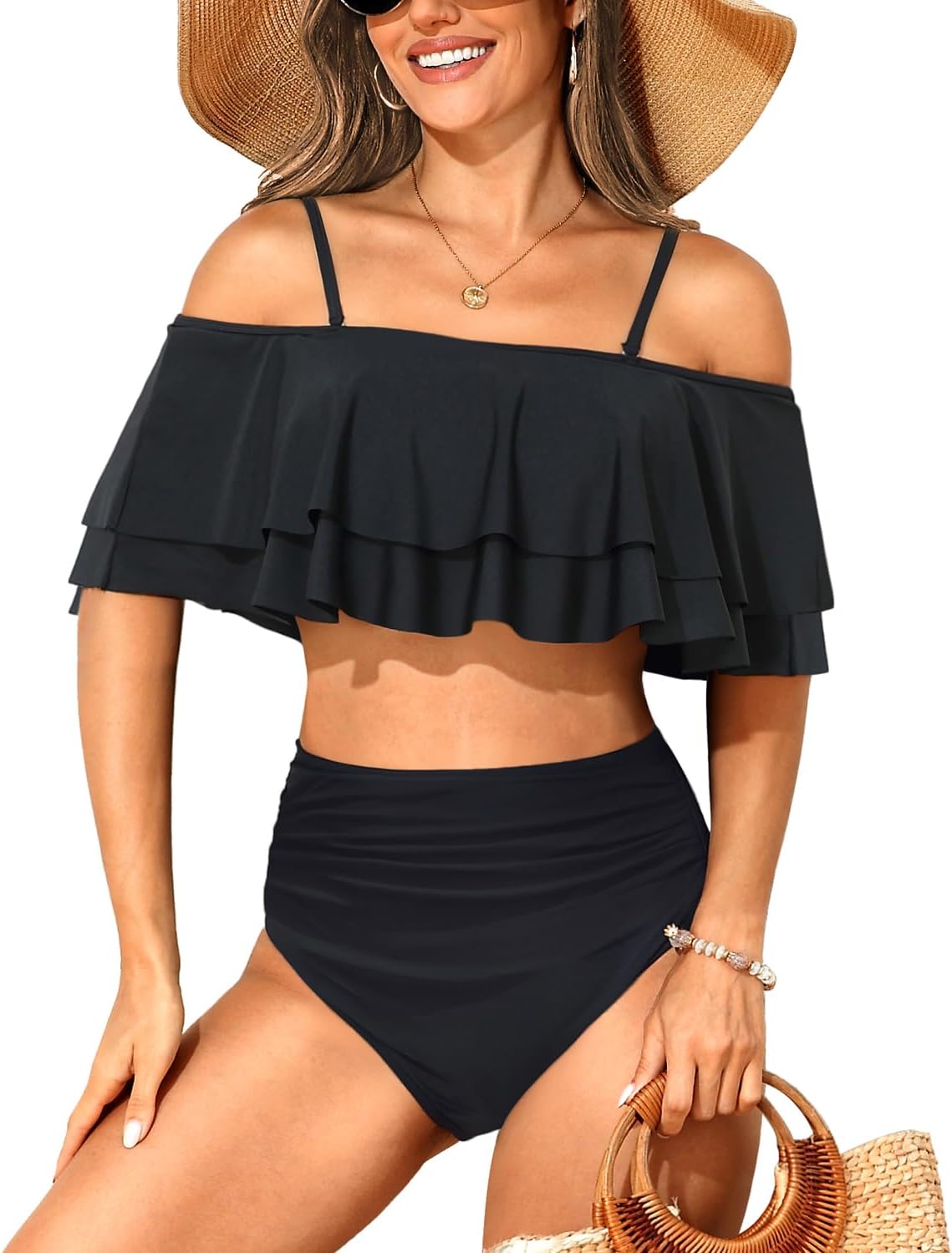 Tempt Me Women Two Piece High Waisted Bikini Set Swimsuit Off Shoulder Ruffle Bathing Suits Tummy Control Ruched Swimwear - Image 9