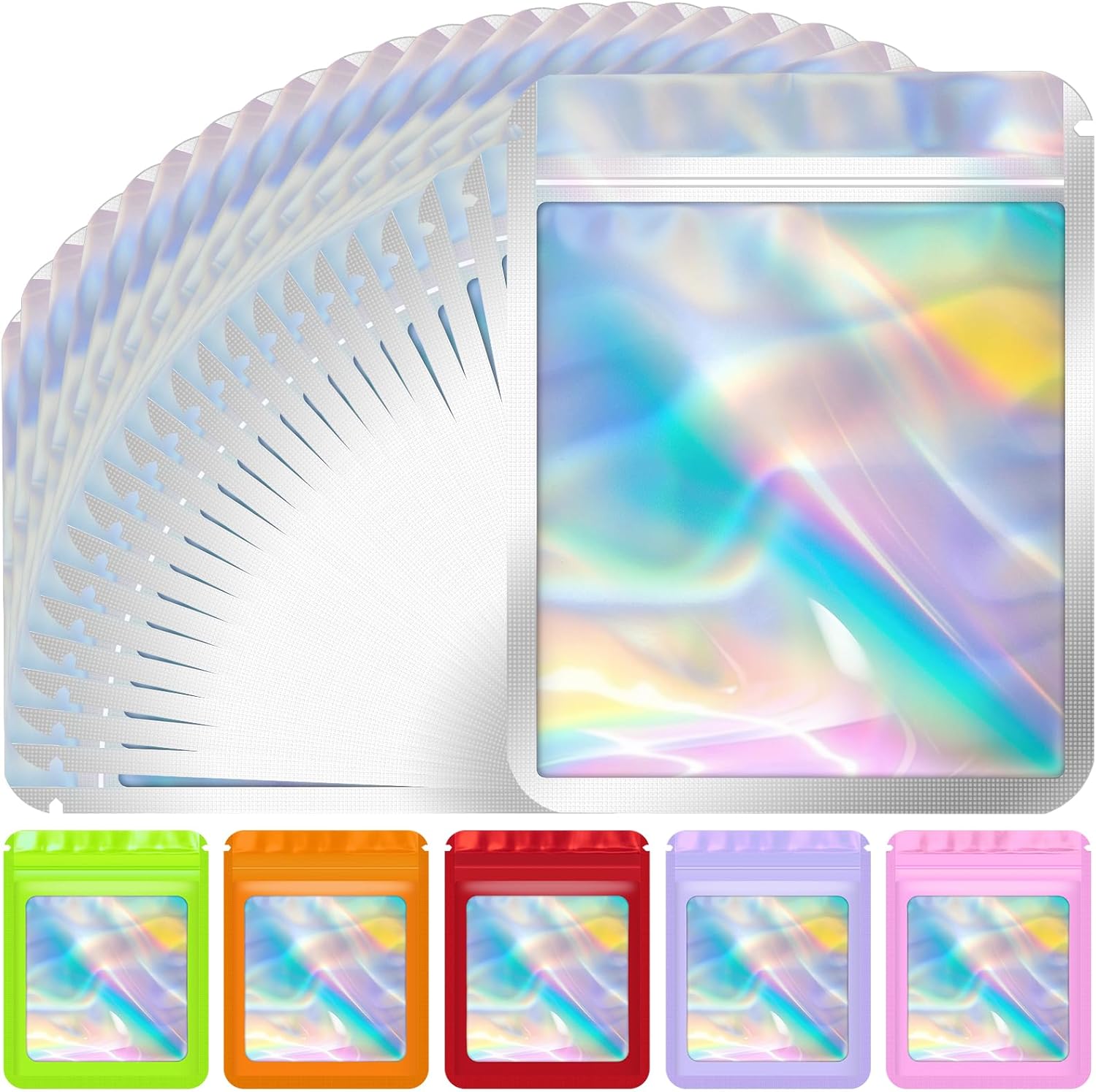Jetmore 100 pieces holographic mylar bags front view for small business packaging.
