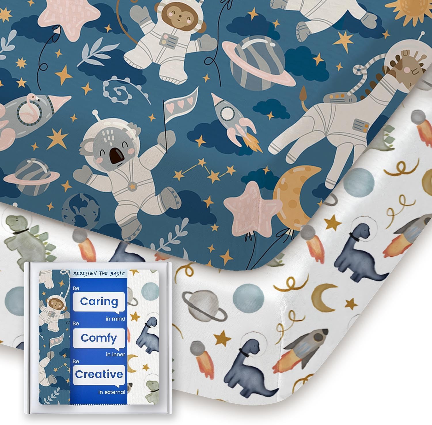 TotBasic fitted pack and play sheets front view showcasing the blue dino space pattern packaging
