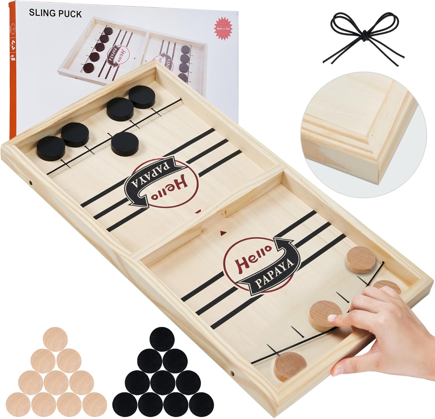 HELLO PAPAYA fast sling puck game front view of the premium wooden board