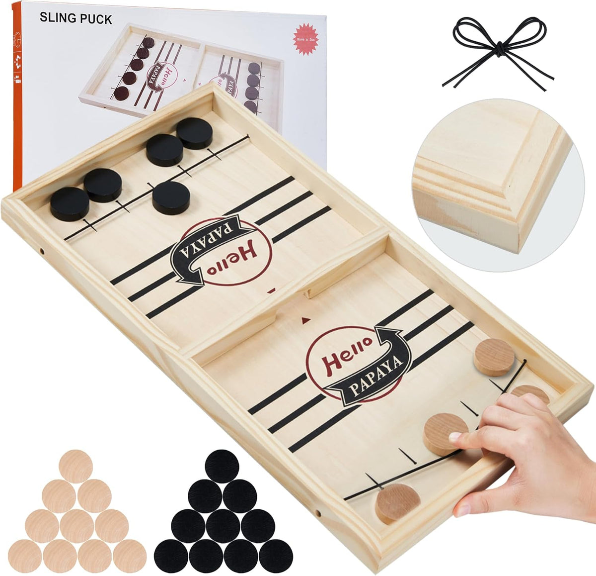 HELLO PAPAYA fast sling puck game front view of the premium wooden board