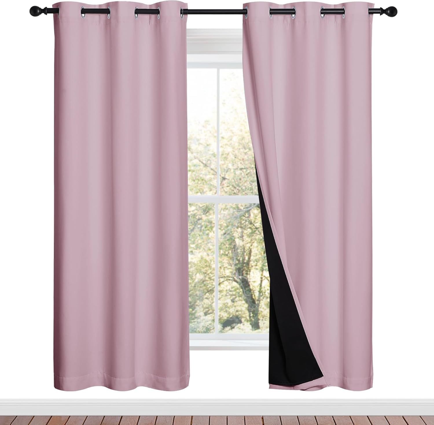 NICETOWN 100 percent blackout window curtain panels front view in baby pink color for nursery room setup.