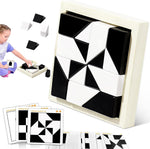 Kykake 3D Hidden Building Blocks puzzle toy front view displaying black and white geometric shapes inside the wooden tray.