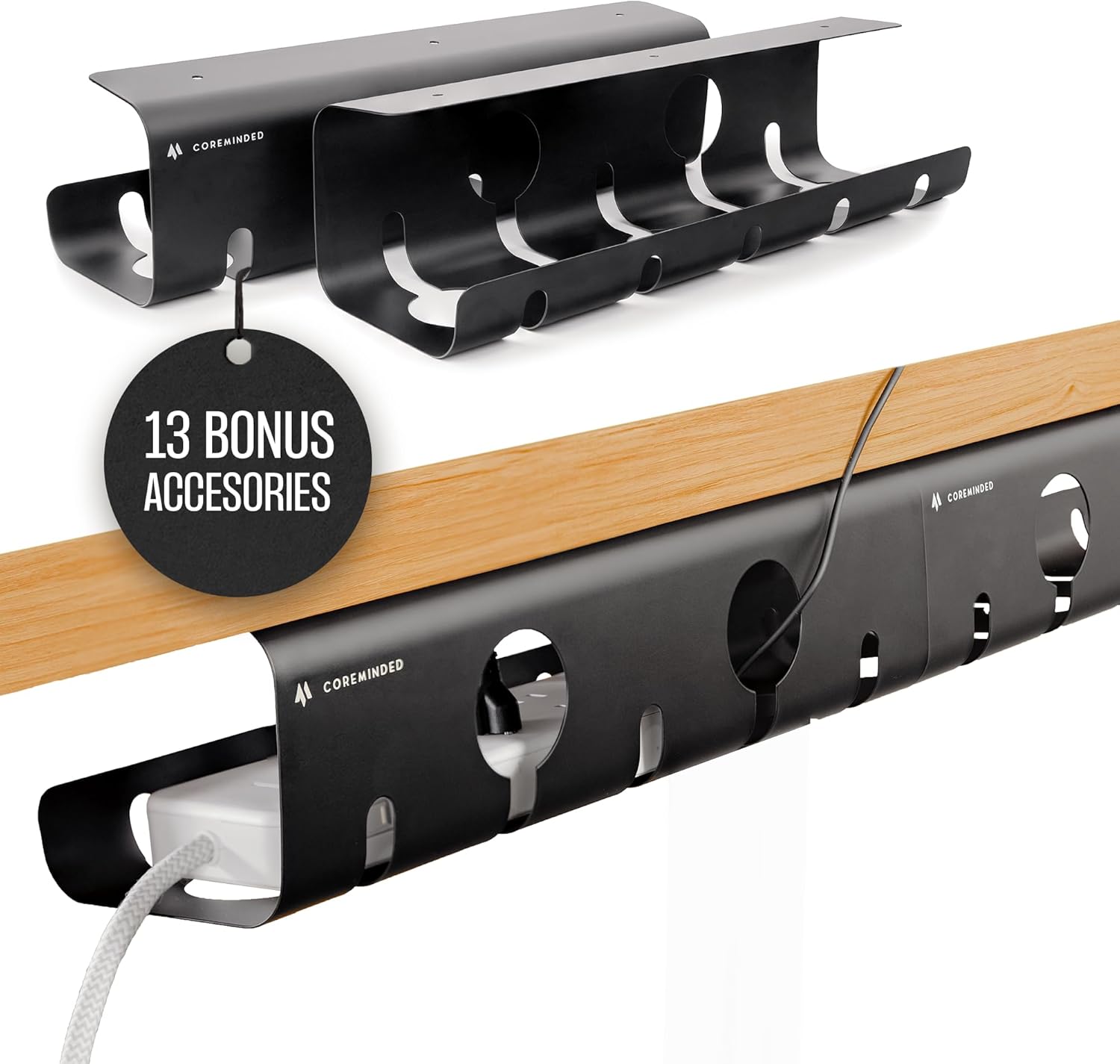 Coreminded under desk cable management tray front view showing power strip organizer