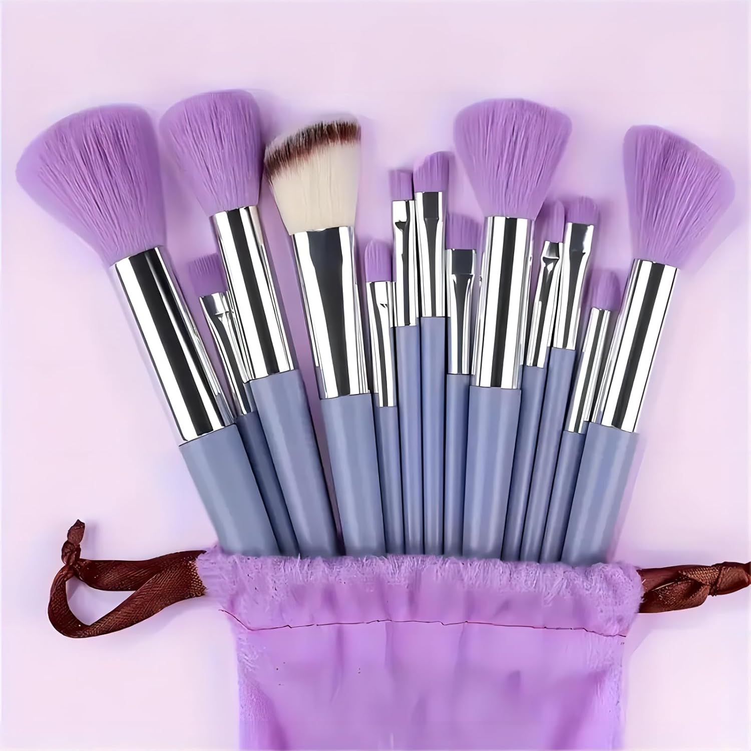 Clefairy 13 piece makeup brush set front view showing metallic purple face and eye tools organized together.