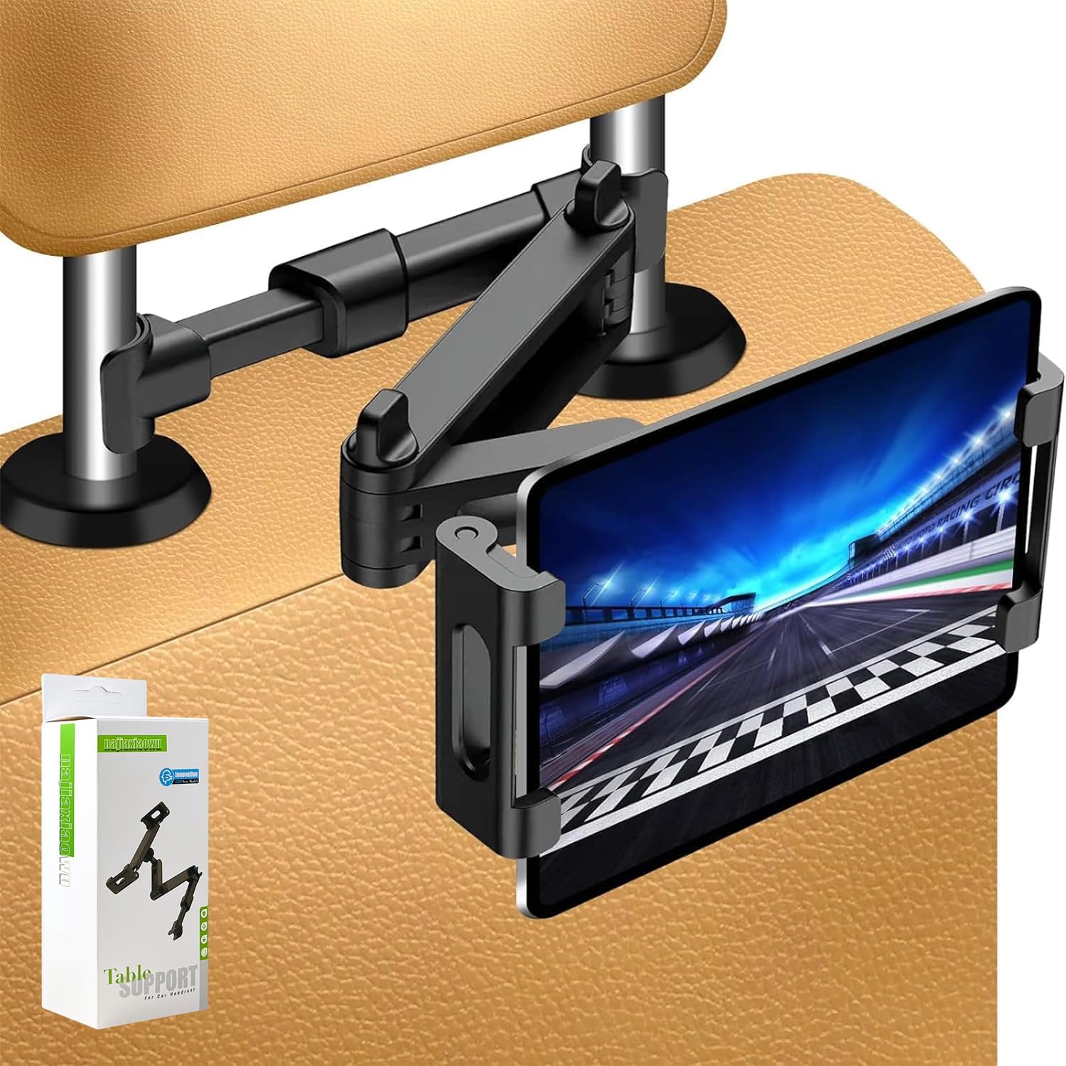 Najiaxiaowu car tablet holder front view showcasing the expandable black universal clamp mechanism.