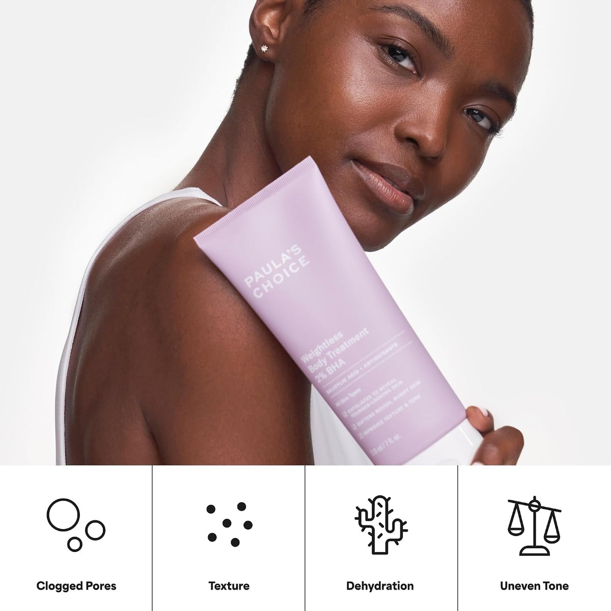 Benefits label on Paula's Choice Weightless Body Treatment packaging