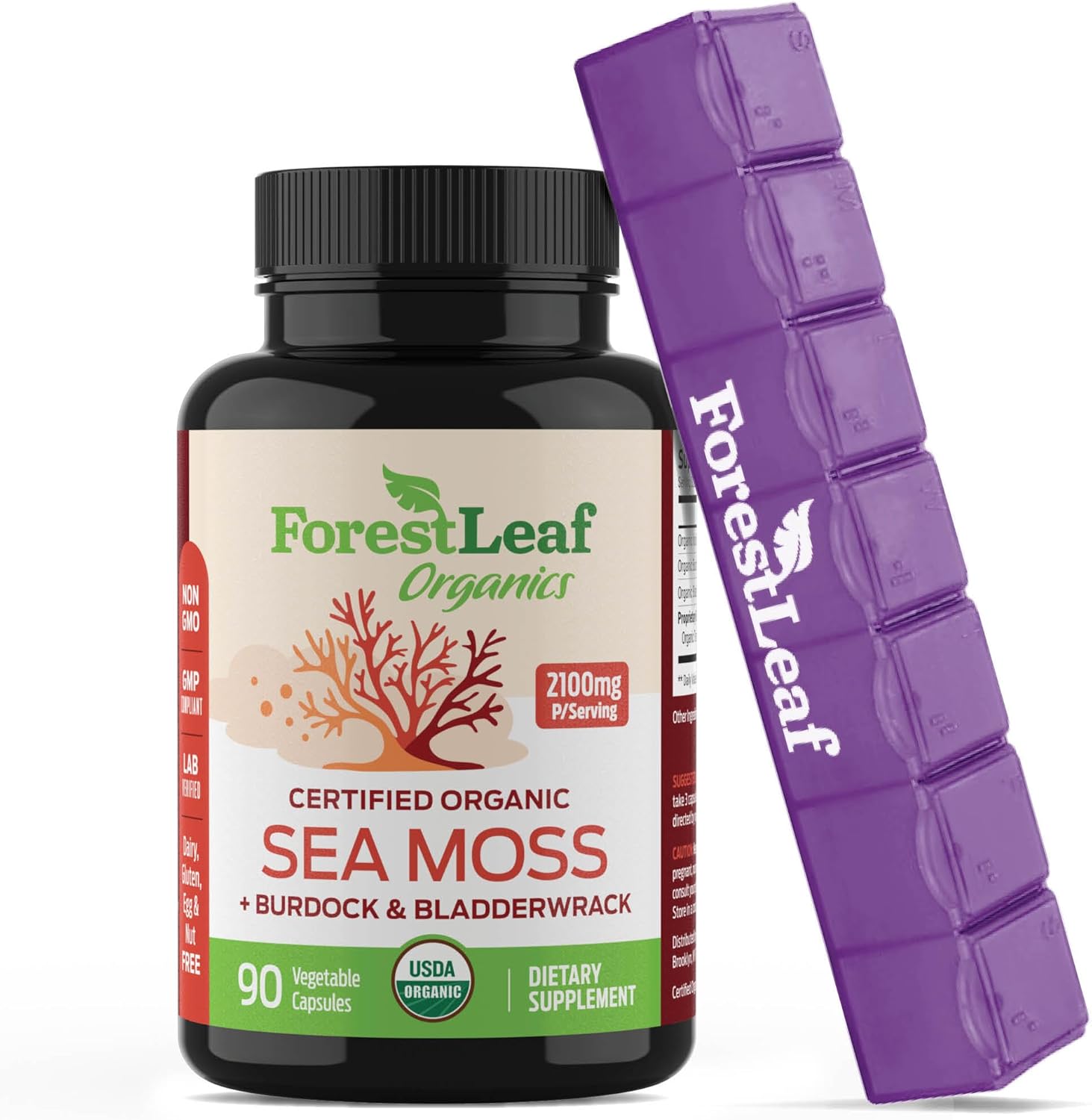 ForestLeaf Organic Irish Sea Moss with Bladderwrack and Burdock Root - Sea Moss Capsules with Organic Turmeric & Ashwagandha Root, Superfood for Digestive (Purple, 90 Count (Pack of 1)) - Image 1