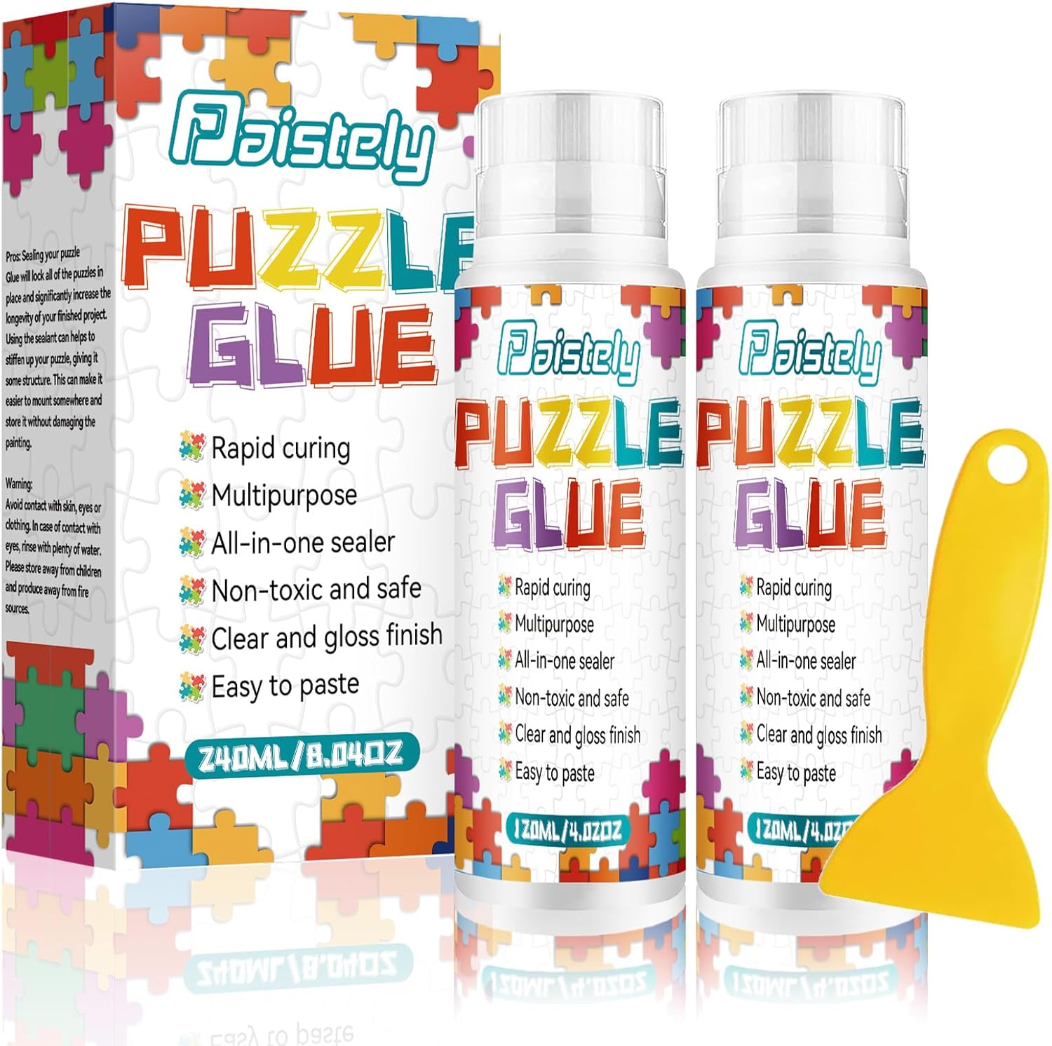 Paistely clear jigsaw puzzle glue pack front view showing sponge head applicator