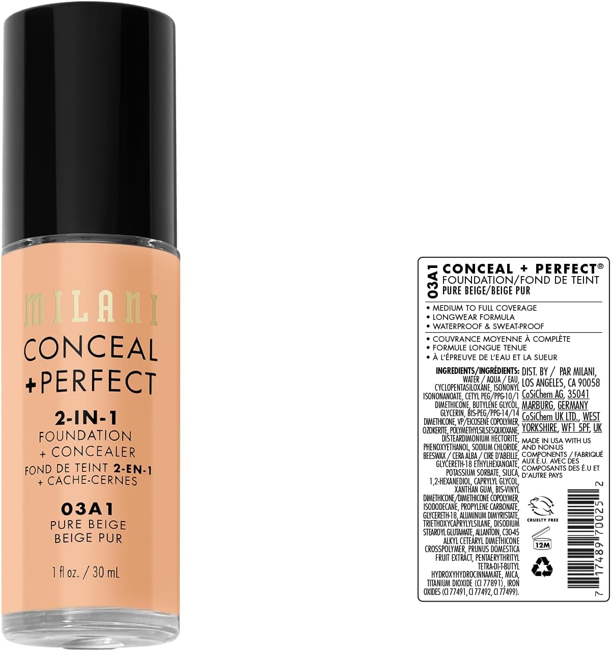 Milani Conceal + Perfect 2-in-1 Foundation + Concealer for a Flawless Complexion, Under Eye Corrector, Cover Redness and Imperfections, Waterproof and Sweatproof - 03A1-Pure Beige - Image 2
