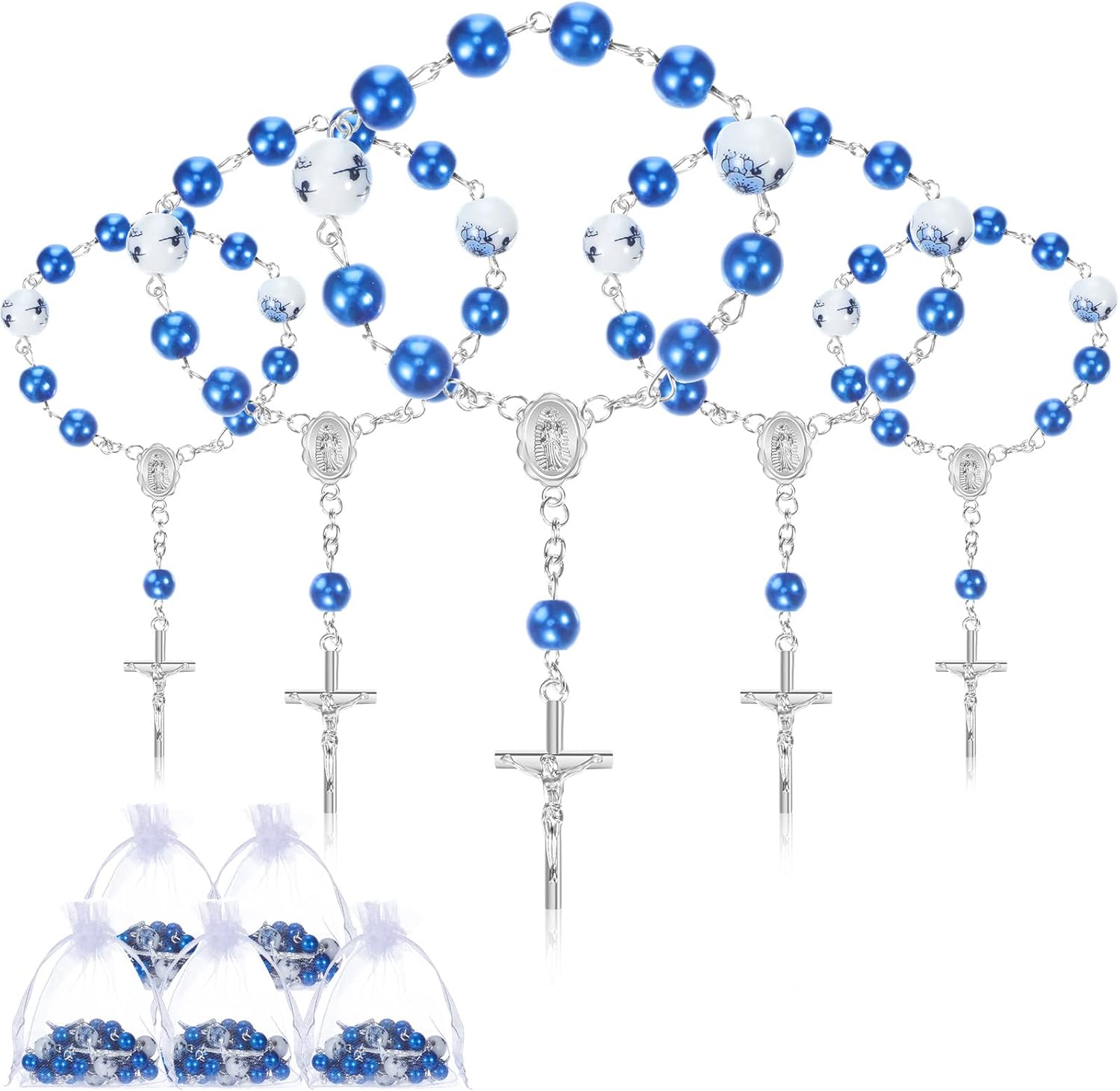 Yinkin Blue Baptism Mini Rosaries front view showing twenty five pieces of blue glass pearl finger rosaries with silver crucifixes.