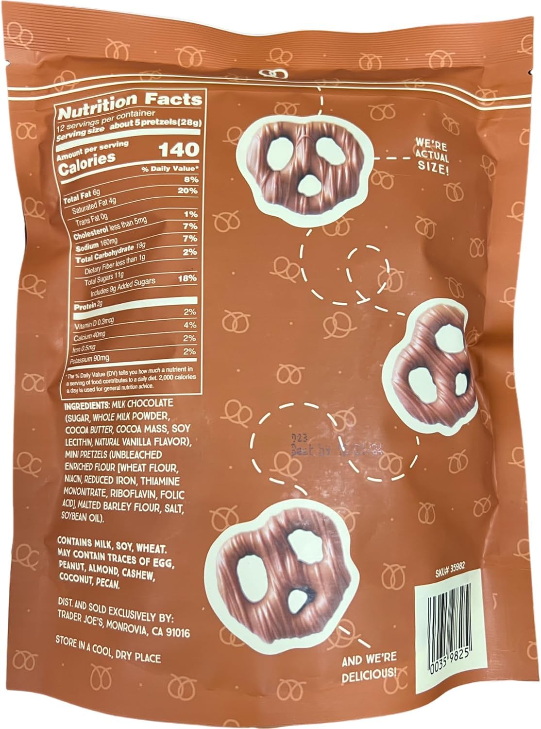 Close up of Trader Joe's milk chocolate coated mini pretzel snack bag