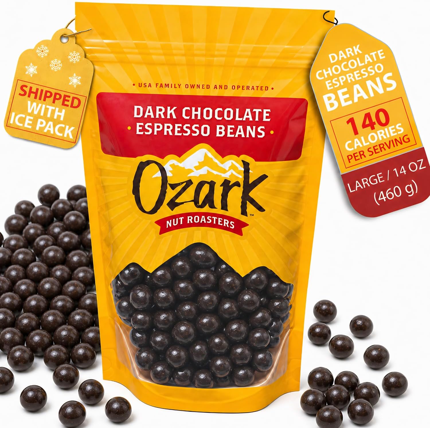 Ozark Nut Roasters dark chocolate espresso beans front view packaging