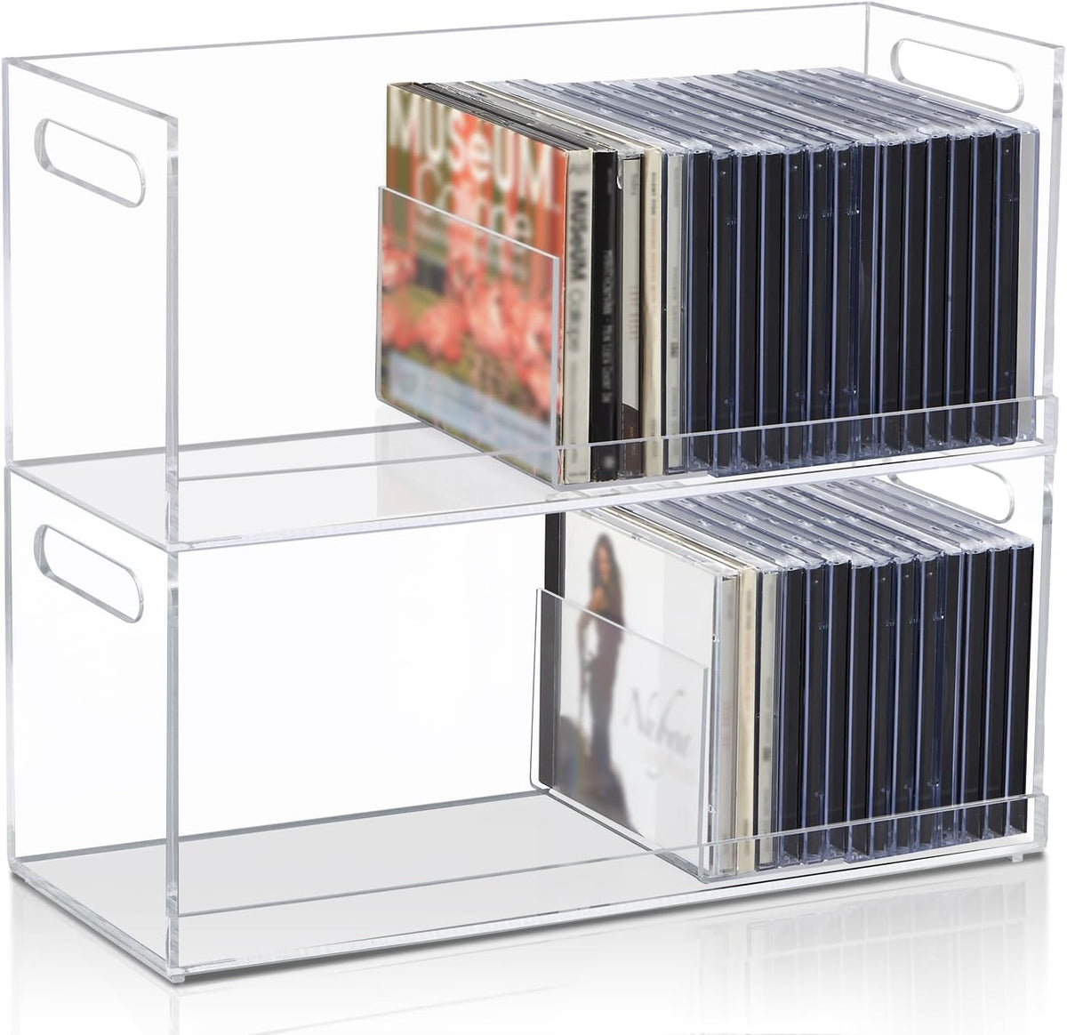 CroBlissful 2 piece acrylic compact disc storage box front view showing clear stackable media organizer rack.