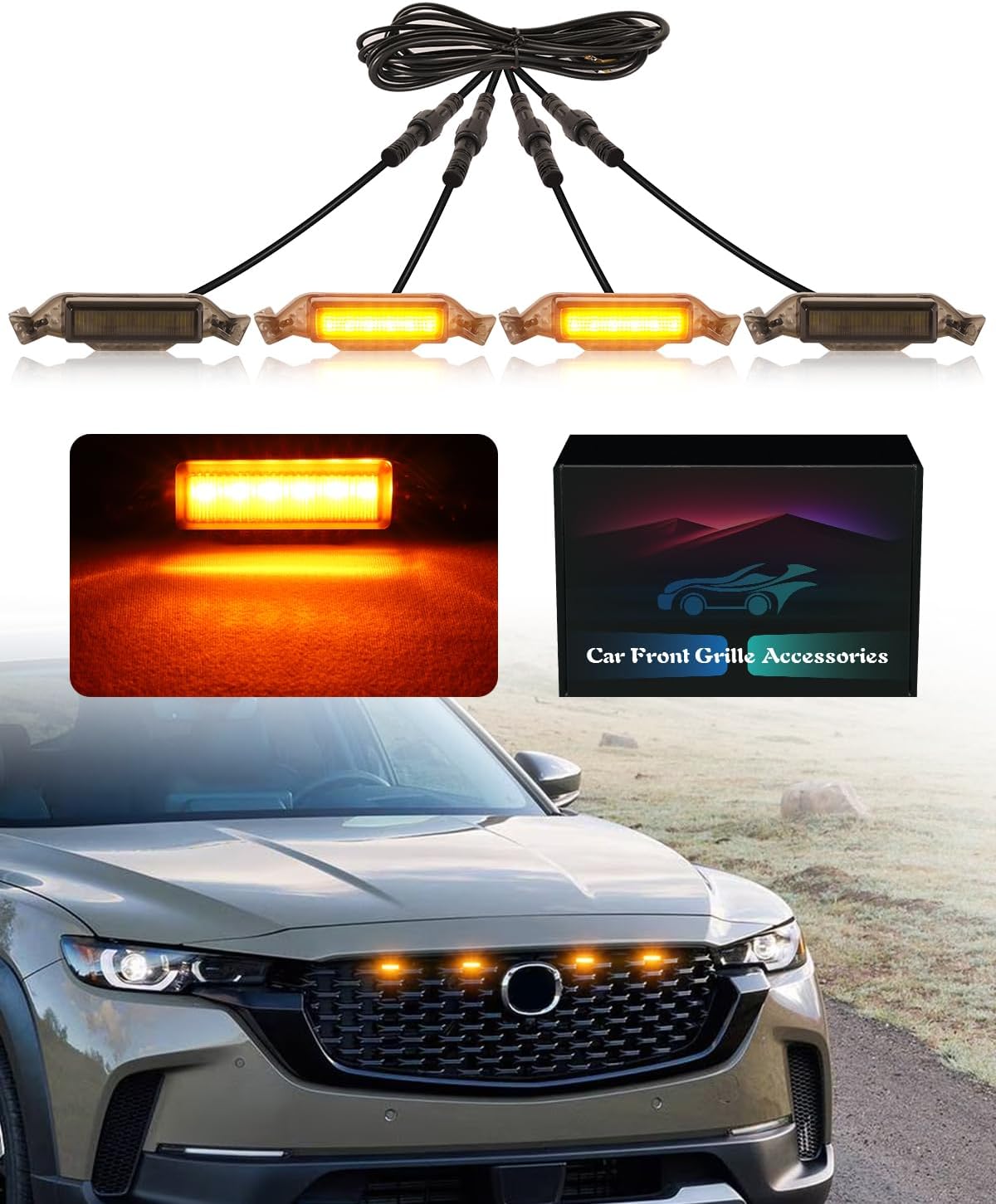 OKLSG LED Grill Lights for Mazda CX-50 installed on the front bumper showing bright yellow illumination.