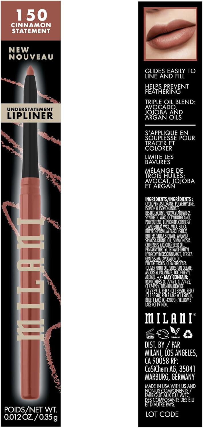 Milani creamy long wear lip liner pencil packaging and shade indicator.